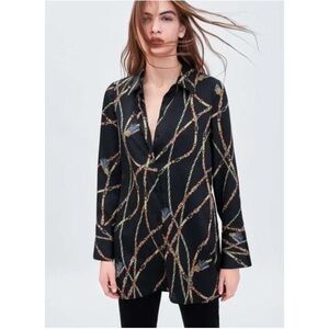 Zara Chain Print Black buttoned Tunic Blouse Long Sleeve Geometric Size L